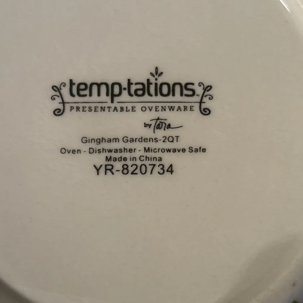 Temptations Blue Gingham Gardens 1.5 & 2 QT Oven Safe Ceramic Bowls